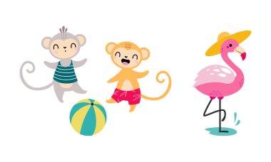 Şirin Afrikalı Maymun Top Oynuyor ve Pembe Flamingo Suda Sıçrıyor Sıcak Yaz Vector Seti 'nin tadını çıkarıyor. Tropikal Plaj Resort 'unda yaz tatili kavramına sahip komik memeli.