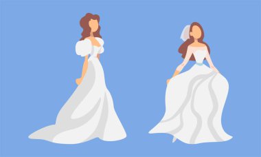 Beyaz Gelinlikli Gelinlik Yeni Evli Olarak Ayakta Duruyor ya da Mavi Arkaplanda Yeni Evli Kadın Seçmen Seti. Uzun Elbiseli Genç Kadın Nişanlısının Evlilik Töreni Konsepti