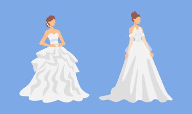 Beyaz Gelinlikli Gelinlik Yeni Evli Olarak Ayakta Duruyor ya da Mavi Arkaplanda Yeni Evli Kadın Seçmen Seti. Uzun Elbiseli Genç Kadın Nişanlısının Evlilik Töreni Konsepti