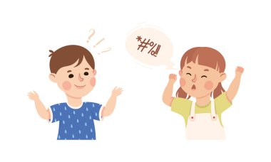 Küçük Oğlan ve Kız Soru Soruyor ve Scoldingg Yüz İfadesini Gösteriyor ve Duygusal Vektör Seti. Yüz Tepkisi ve Duygu Konsepti Olan Komik Çocuk