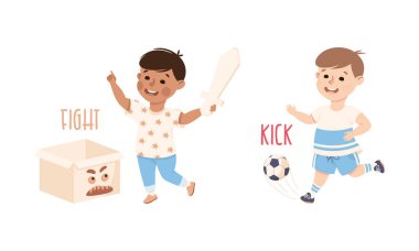 Kılıçlı Küçük Çocuk Oyuncak Kutusu Canavarı ve Tekmeleyen Top Vektör Kümesi. Fiil Öğrenme Konsepti Olarak Etkinliğe Giren Komik Çocuk