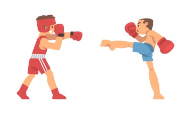 Erkek Karakteri Dövüş Sporu ya da Dövüş Sporu Vektör Kümesi 'nde. Saldırı Konumunda Erkek Dövüş Sanatları Uygulaması ve Eğitimi