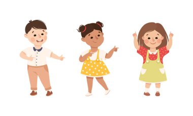 Genişletici El ve İşaret Parmağı Vector Seti ile Bir Şey Gösteren Komik Çocuklar. İletişimsel Hareket Gösteren Meraklı Çocuklar Kavram Çevresinde Yeni Şeyler Gösteriyor
