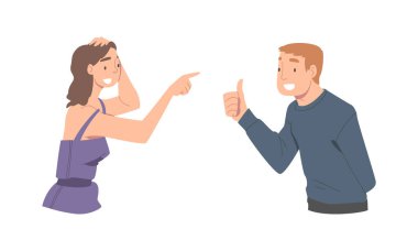 Heyecanlı Erkek ve Kadın Karakteri, İlgi Gösteren Kişilere Bakıyor. Dost Canlısı Gülümseyen Erkek ve Kadın Paylaşım İzlenimi
