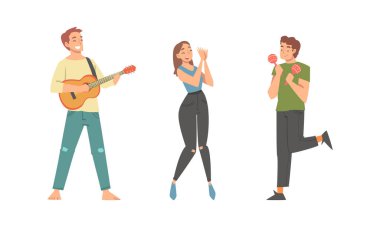 Bir grup insan müzik enstrümanları çalıyor, şarkı söylüyor ve dans ediyor. Gitar çalan ve marakas sallayan adam beyaz arkaplanda izole edilmiş vektör çizimi