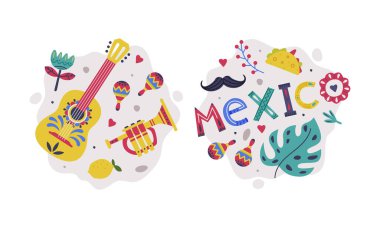 Meksika sembolleri seti. Gitar, trompet, marakas, Cinco De Mayo tatil tabelası beyaz arka planda izole edilmiş çizgi film vektör çizimi