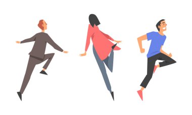 Bir grup mutlu zıplayan insan. Beyaz arka planda izole edilmiş, günlük kıyafet giymiş, neşeli genç adam ve kadın çizgi film çizimi.