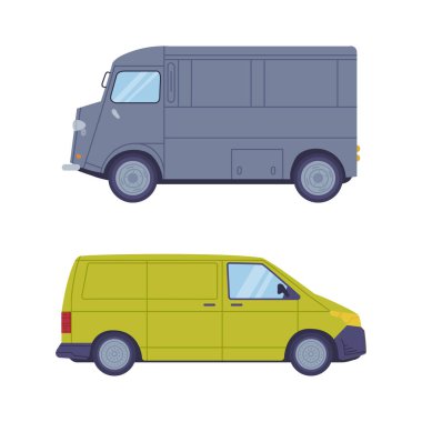 Ticari kamyonet seti. Beyaz arkaplanda izole edilmiş yeşil ve gri dağıtım kamyonlarının yan görünümü