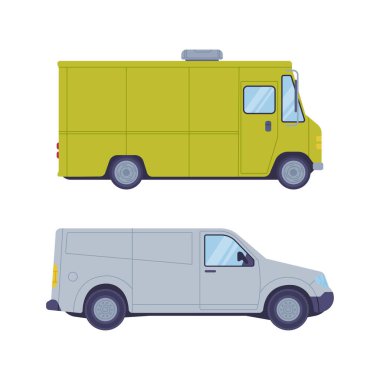 Beyaz arkaplanda izole edilmiş ticari dağıtım minibüsleri, yan görünüm vektör çizimi