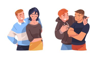 Bir grup kucaklaşmacı insan. Mutlu arkadaşlar, beyaz arka planda izole edilmiş romantik ilişki çizgi filmi vektör çizimi