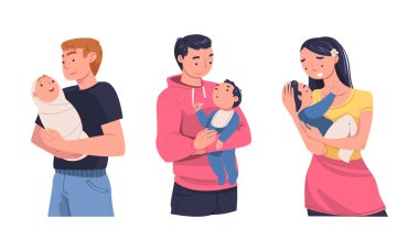 Bebekleri kucağında tutan ebeveynler. Anne ve baba, beyaz arka planda izole edilmiş küçük bebek çizgi film vektör çizimlerini kucaklıyor.