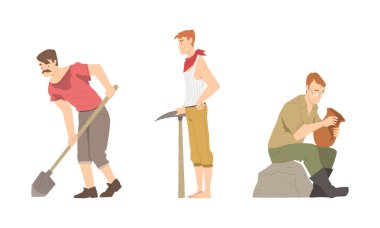 Erkek arkeologlar çalışma araçlarıyla tarihi eserleri kazıyorlar. Beyaz arka planda izole edilmiş vazo vektör illüstrasyonunu inceleyen erkek bilim adamı