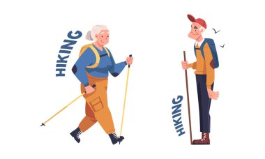 Bunama hastalığı önleme ipuçları ayarlandı. Beyaz arkaplanda izole edilmiş karikatür vektör illüstrasyonunu yürüten yaşlılar