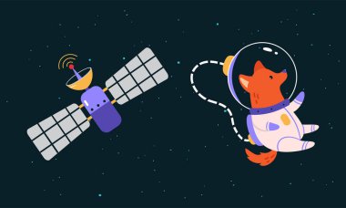 Uzay keşfi ve maceralar. Uzayda yüzen uzay giysisi içindeki köpek astronot, yörüngesel uydu karikatür vektör çizimi