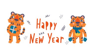 Beyaz arka planda izole edilmiş şirin yavru kaplan hayvan çizgi film vektör illüstrasyonlu mutlu yıllar tebrik kartı.