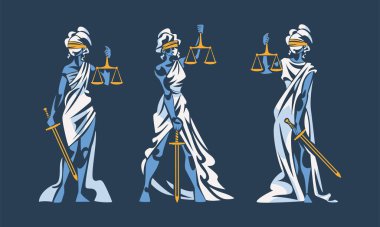 Adalet Bakanlığının seti. Themis, Düzen Tanrıçası ve adilce terazili ve koyu mavi arkaplanda kılıç vektör çizimi