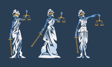 Düzen ve adalet tanrıçası Themis 'in bir seti. Koyu mavi arka planda pulları ve kılıç vektör çizimi var.