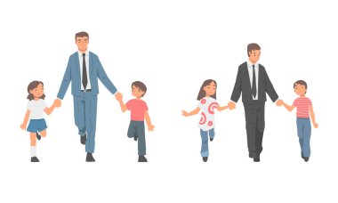Baba, kızıyla oğlunun elini tutuyor. Baba çocuklarını beyaz arka planda izole edilmiş çizgi film vektör illüstrasyonuna götürüyor.