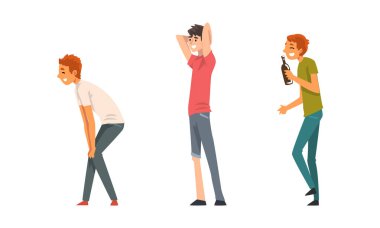 Yürüyen insanlar seti. Açık havada yürüyen sıradan giysili gençler beyaz arka planda izole edilmiş vektör çizimleri.