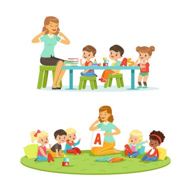 Anaokulunda logopedik eklem egzersizleri yapan konuşma terapisti beyaz arka planda izole edilmiş çizgi film vektör çizimi