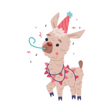 Şirin pofuduk bebek lama parti şapkası takıyor ve düdük çalıyor. Alpaca karakteri evcilleştirilmiş hayvan çizgi film vektör çizimi beyaz üzerinde izole