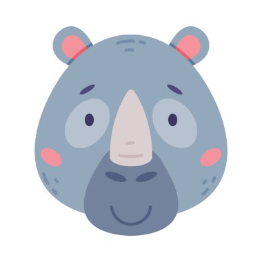 Gergedanın başı bebek, sevimli vahşi hayvan. Bebek odası dekorasyonu, bebek kartı veya davetiye tasarımı vektör çizimi beyaz arkaplanda izole edilmiş