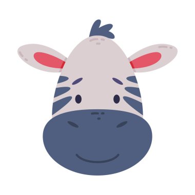 Yavru zebranın başı sevimli vahşi hayvan. Beyaz arkaplanda izole edilmiş çocuk odası dekorasyonu, kart veya davetiye tasarımı vektör çizimi