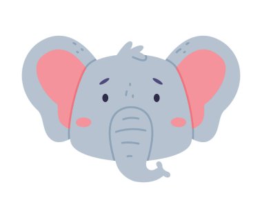 Yavru filin başı sevimli vahşi hayvan. Beyaz arkaplanda izole edilmiş çocuk odası dekorasyonu, kart veya davetiye tasarımı vektör çizimi