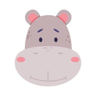 Yavru su aygırlarının başı sevimli vahşi hayvan. Beyaz arkaplanda izole edilmiş çocuk odası dekorasyonu, kart veya davetiye tasarımı vektör çizimi