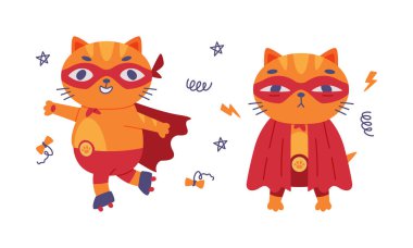 Komik kırmızı kedi süper kahraman. Şirin kedi paten kayması, kırmızı maskeli evcil hayvan karakteri ve beyaz üzerine izole edilmiş çizgi film vektör çizimi.
