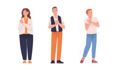 Neşeli iş adamı ve kadın el çırpıyor. Tezahürat yapan insanlar beyaz renkte izole edilmiş düz vektör çizimi ile alkışlıyorlar.