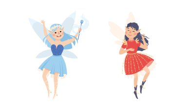 Mavi ve kırmızı elbiseli neşeli elf kızları. Güzel uçan peri masalları çizgi film vektör çizimleri beyaza izole edilmiş.