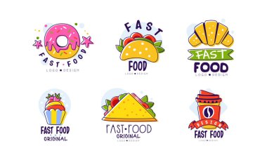 Fast food logosu seti. Kafe, restoran, bar veya bistro rozetleri, beyaz üzerine izole edilmiş çizgi film vektör çizimleri