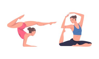 Yoga yapan güzel kadınlar. Yoga dersinde asana egzersizi yapan kızlar. Beyaz üzerine izole edilmiş fiziksel ve ruhani karikatür vektör çizimi