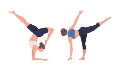 Yoga yapan kadınlar. Spor kıyafetli kızlar sınıfta farklı asanas alıştırmaları yapıyorlar. Çizgi film vektör çizimleri beyazlar üzerinde izole edilmiş.
