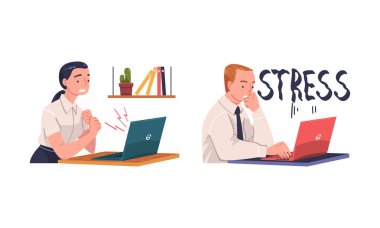 Ofiste dizüstü bilgisayarlarla çalışan stresli, aşırı yüklenmiş iş adamları. İş stresi, tükenme, aşırı çalışma çizgi film vektör çizimi beyazda izole edildi