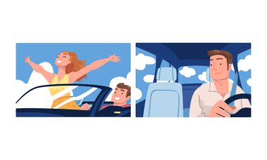 Otomobil sürücüleri tatilin tadını çıkarıyor. Araba süren adamlar. Mutlu kız araba sürmekten zevk alıyor. Çizgi film çizimleri beyazda izole edilmiş.