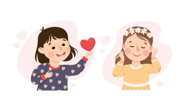 Mutlu kızlar kendilerini severler. Kendini sevme, kabullenme, özgüven, mutluluk konsepti, beyaz üzerine izole edilmiş vektör çizimi.