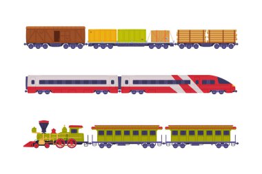 Yük ve yolcu treni ayarlandı. Kargo ve toplu taşıma düz vektör çizimi beyaza izole edildi