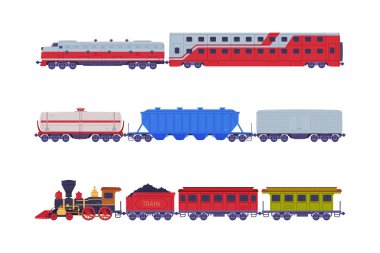 Yük ve yolcu treni ayarlandı. Vagonları beyaz renkte izole edilmiş düz vektör illüstrasyonlu tren.