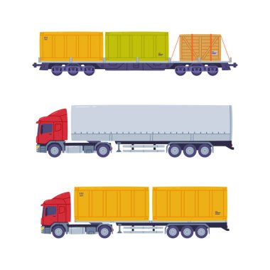 Kargo taşımacılığı karayolu ve trenle. Lojistik endüstrisi ve nakliye düz vektör çizimi beyaza izole edildi