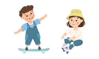 Paten Parkı 'nda kaykay yapan Küçük Oğlan ve Kız Eğleniyor ve Eğleniyor Eğlence Etkinliği Vector Seti. Komik Çocuk Dublörlük Yapıyor ve Açık Hava Spor Konsepti