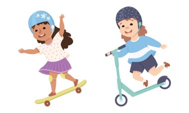 Kaykaylı Küçük Kız ve Kaykay Parkı 'nda Scooter Eğleniyor ve Eğleniyor Eğlence Etkinliği Vector Seti. Komik Çocuk Dublörlük Yapıyor ve Açık Hava Spor Konsepti