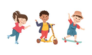 Paten Parkı 'nda kaykay yapan Küçük Oğlan ve Kız Eğleniyor ve Eğleniyor Eğlence Etkinliği Vector Seti. Komik Çocuk Dublörlük Yapıyor ve Açık Hava Spor Konsepti