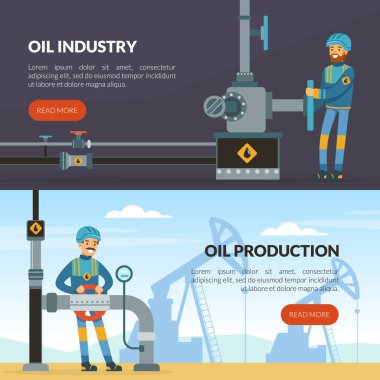 Petrol ya da Petrol Endüstrisi İniş Sayfası Derrick Sitesi 'nde Mavi Üniformalı Adam Karakteri ve Boru Vektör Şablonu. Petrol Yamalı Web Tasarımı Çıkarma ve Rafineride Çalışıyor