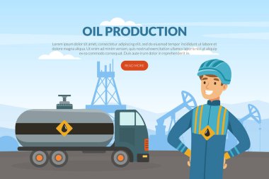 Petrol ya da Petrol Endüstrisi İniş Sayfası Mavi Üniformalı Adam Karakteri ve Kimyasal Vektör Şablonlu Tank. Petrol Yamalı Web Tasarımı Çıkarma ve Rafineride Çalışıyor