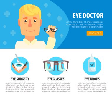 Oftalmoloji ve Göz Bakımı Web Afişi Tasarım Vektör Şablonu. Tıbbi Görüş ve Görüş Tedavi ve İnceleme Konsepti