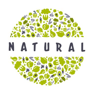 Elle çizilmiş yeşil ekin vektör şablonlu organik tarım ürünleri yuvarlak afişi. Sağlıklı Beslenme Konsepti İçin Taze ve Doğal Sebzeli Reklam Tasarımı