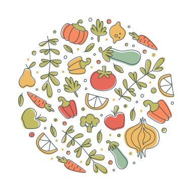 Olgun Meyve ve Sebzeli Organik Yiyecekler Çember Vektör Şablonu 'na yerleştirildi. Sağlıklı Beslenme Konsepti İçin Taze Mevsimlik Ürün Tasarımı