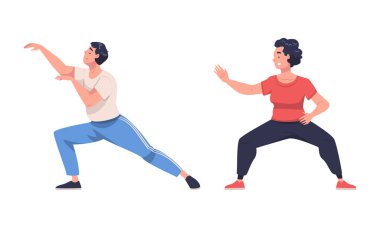 Erkek ve Kadın Karakterleri Tai Chi ve Qigong egzersizlerini Çin Dövüş Sanatları Vector Seti olarak uyguluyor. Erkek ve Kadın Akıcı Hareket Konseptiyle Fiziksel Formda